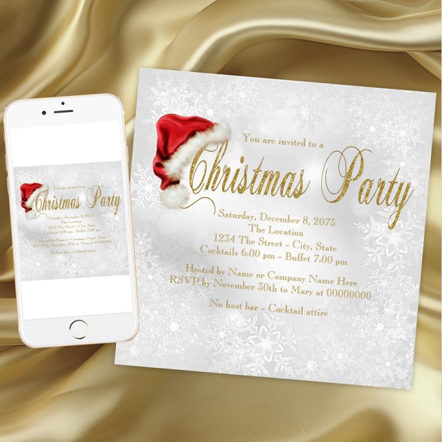 Invitation Red Santa Hat Snowflake fête de Noël (Red Santa Hat Snowflake Christmas Party. Instant download and printed invitations available.)