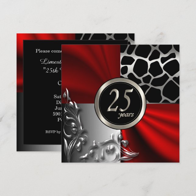 Invitation Red Satin & Argent 25 Année de fête (Devant / Derrière)