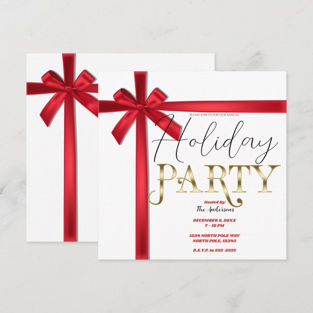 Invitation Red Satin Ribbon Bow Fête de Noël (Devant / Derrière)