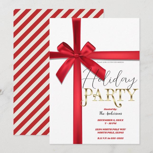 Invitation Red Satin Ribbon Bow Fête de Noël (Devant / Derrière)