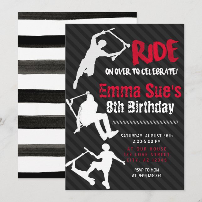 Invitation Red Scooter Skate Park fête Anniversaire (Devant / Derrière)