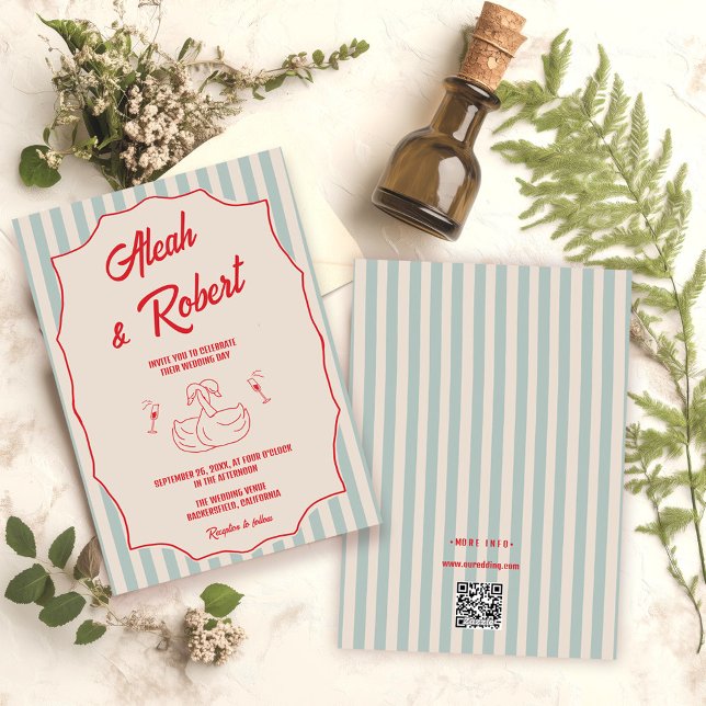 Invitation Red Script Blue Stripes QR Code Retro Wedding (Créateur téléchargé)