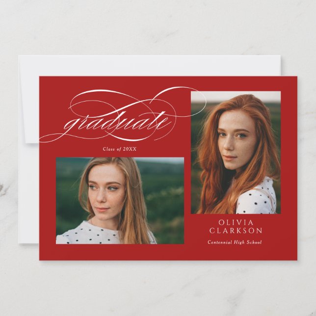 Invitation Red Script QR Code 3 Photo Graduation Party (Devant)
