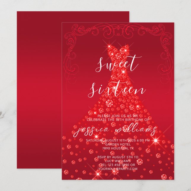 Invitation Red Sequin Ball Gown & Swirls Sweet 16 Anniversair (Devant / Derrière)