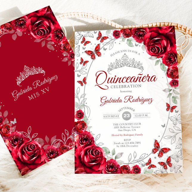 Invitation Red Silver Floral Quinceanera (Créateur téléchargé)