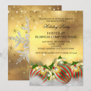 Invitation Red Silver Gold Holly Baubles
