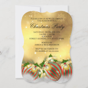 Invitation Red Silver Gold Holly Baubles Noël