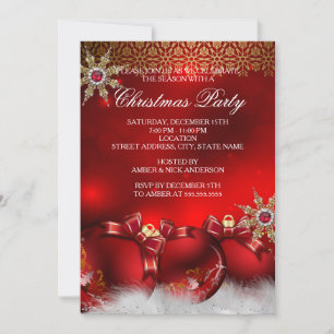 Invitation Red Silver Gold Holly Baubles Noël Fête Nouveau4
