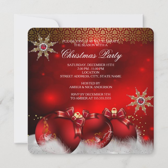 Invitation Red Silver Gold Holly Baubles Noël Fête Nouveau4 (Devant)