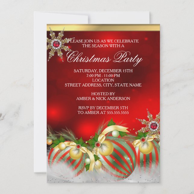 Invitation Red Silver Gold Holly Baubles Noël fête nouvelle (Devant)