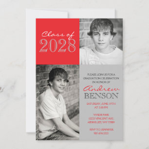 Invitation Red & Silver Grey Classic 2 Photo Graduation