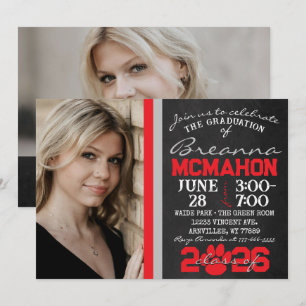Invitation Red & Silver Grey Empreinte de patte Graduation 2 