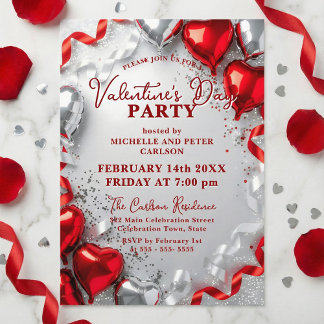Invitation Red Silver Heart Balloons Valentine's Day Party