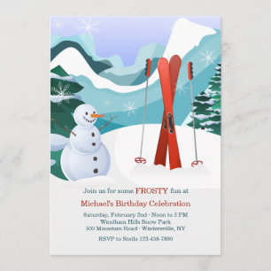 Invitation Red Skis and Snowman