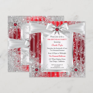 Invitation Red Snowflake Silver Bow Winter Wonderland Party
