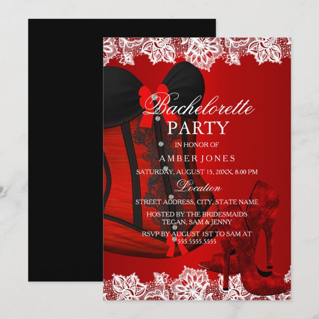 Invitation Red Sparkle Heels & Lace Corset Bachelorette (Devant / Derrière)