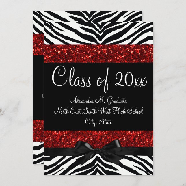 Invitation Red Sparkle Zebra Bow Graduation (Devant / Derrière)