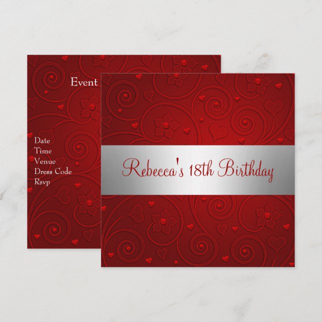 Invitation Red Spiral Hearts Silver 18e fête d'anniversaire (Devant / Derrière)