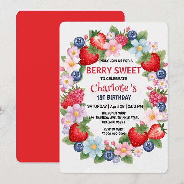 Invitation RED Strawberry 1ère fête d'anniversaire pour enfan (Devant / Derrière)