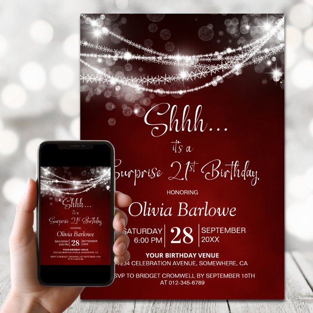 Invitation Red String Lights Surprise 21e fête d'anniversaire (Créateur téléchargé)