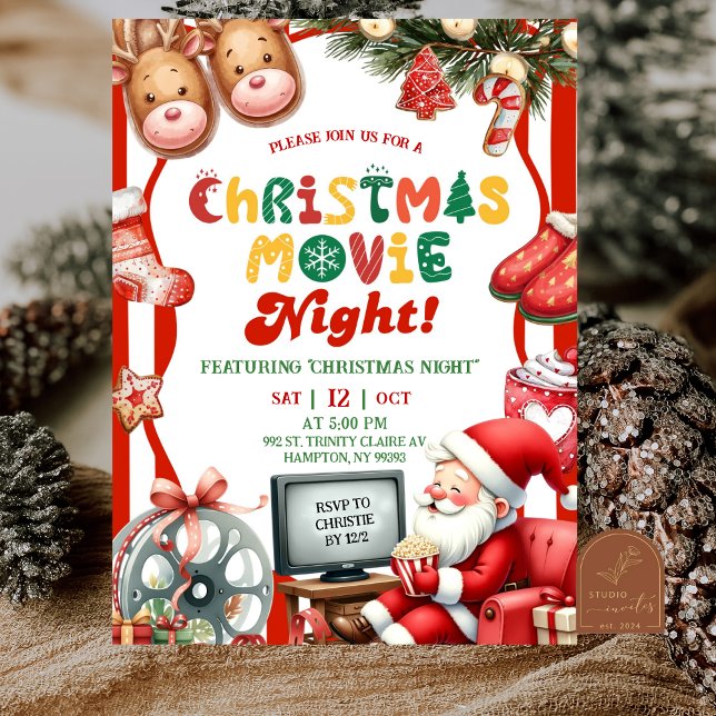 Invitation Red Stripes Fun Retro Christmas Movie Night Party (Créateur téléchargé)