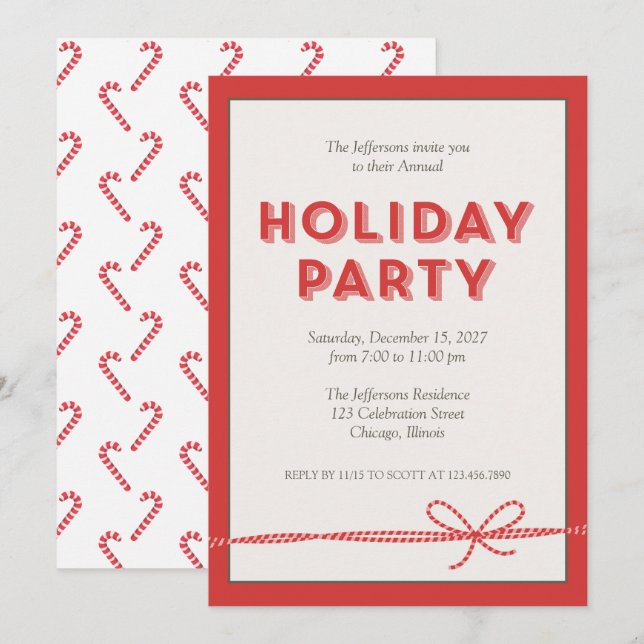 Invitation Red Sucre de canne Bowstring Fête de Noël (Devant / Derrière)