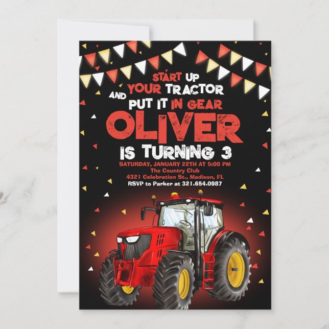 Invitation Red Tractor 3ème fête d'anniversaire (Devant)