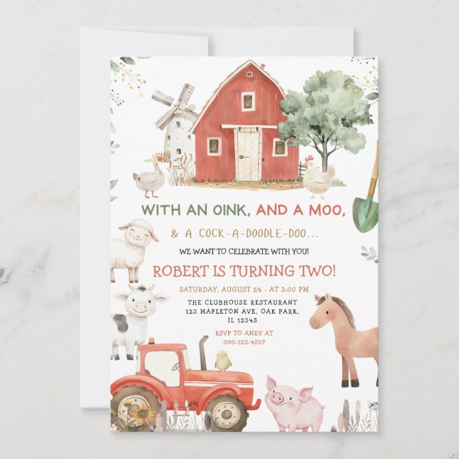Invitation Red Tractor Animaux de ferme Oink Baa Moo Annivers (Devant)