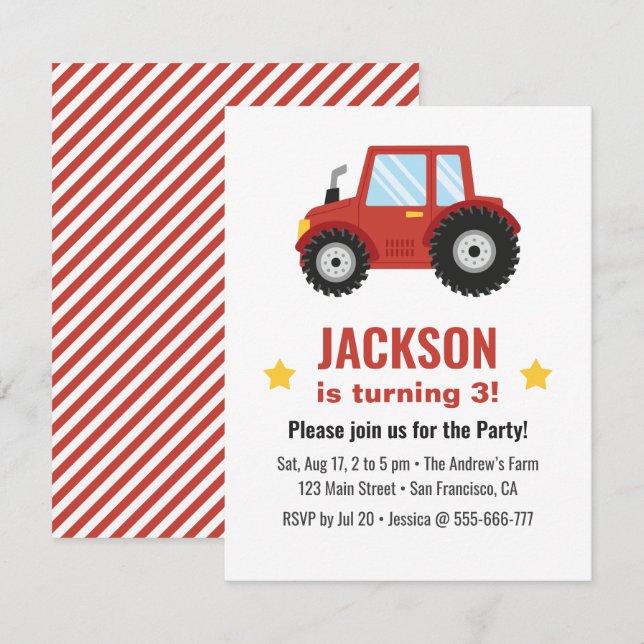 Invitation Red Tractor Boys fête d'anniversaire (Devant / Derrière)