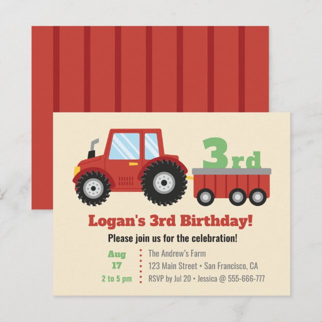 Invitation Red Tractor et Cart Anniversaire de enfant Party (Devant / Derrière)