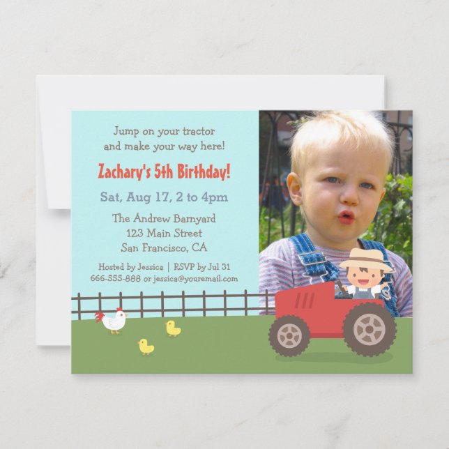 Invitation Red Tractor Farm Anniversaire Fête Photo Invitatio (Devant)