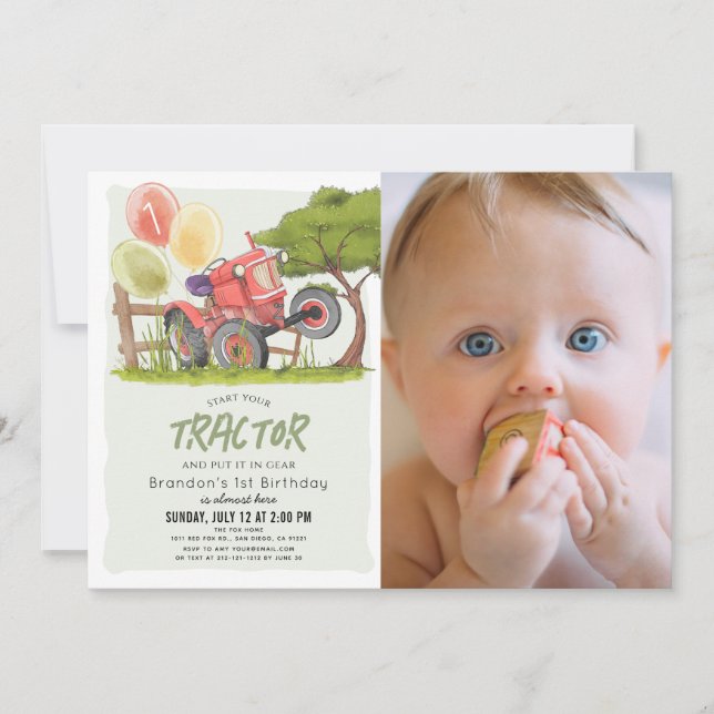 Invitation Red Tractor Farm Boy Photo 1er anniversaire (Devant)