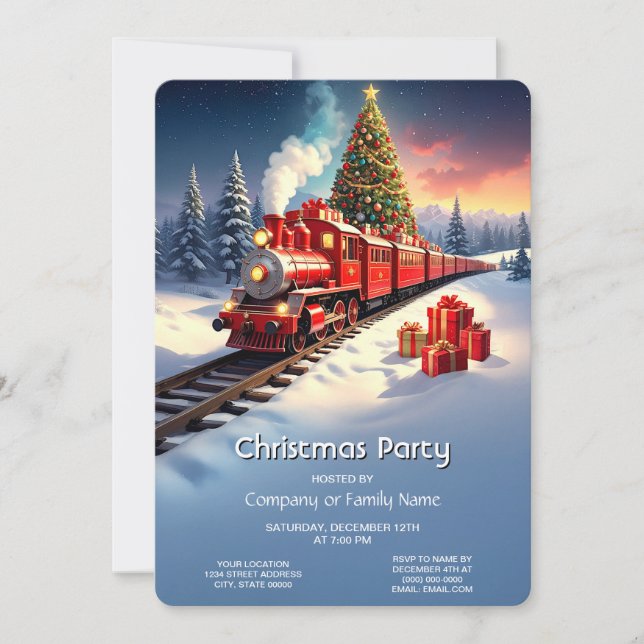 Invitation Red Train Christmas Tree Holiday Party (Devant)
