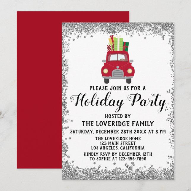 Invitation Red Truck Cadeaux Noël Fête Argent (Devant / Derrière)
