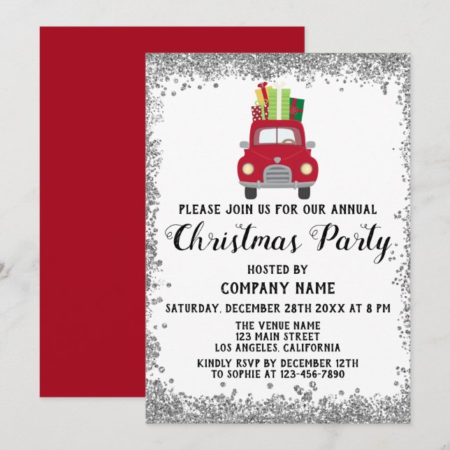 Invitation Red Truck Gifts Company Fête de Noël Argent (Devant / Derrière)