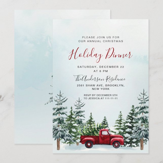 Invitation Red Truck Pine Trees Noël Dîner de Noël (Devant / Derrière)