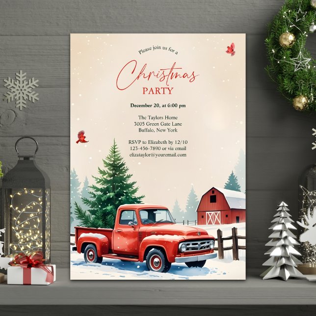 Invitation Red Truck Snowy Barn Rustic Christmas Party (Personalized Rustic Christmas Party Invitation – Red Vintage Truck, Snowy Farm & Barn)
