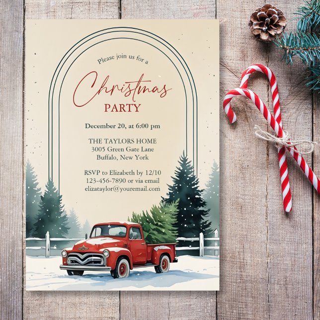 Invitation Red Truck Snowy Pine Trees Rustic Christmas Party (Personalized Rustic Christmas Party Invitation – Red Vintage Truck, Snowy Pine Trees & Arch Frame)