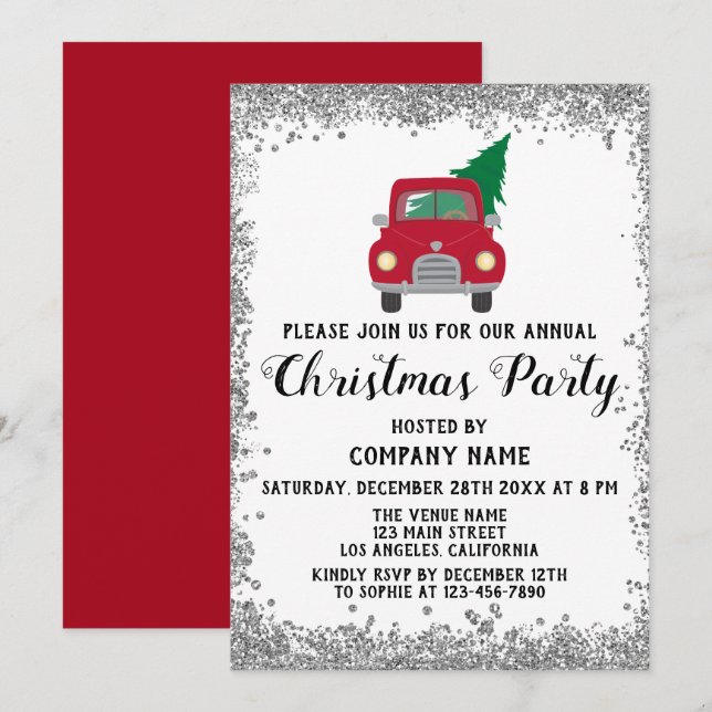 Invitation Red Truck Xmas Tree Company Christmas Party Argent (Devant / Derrière)
