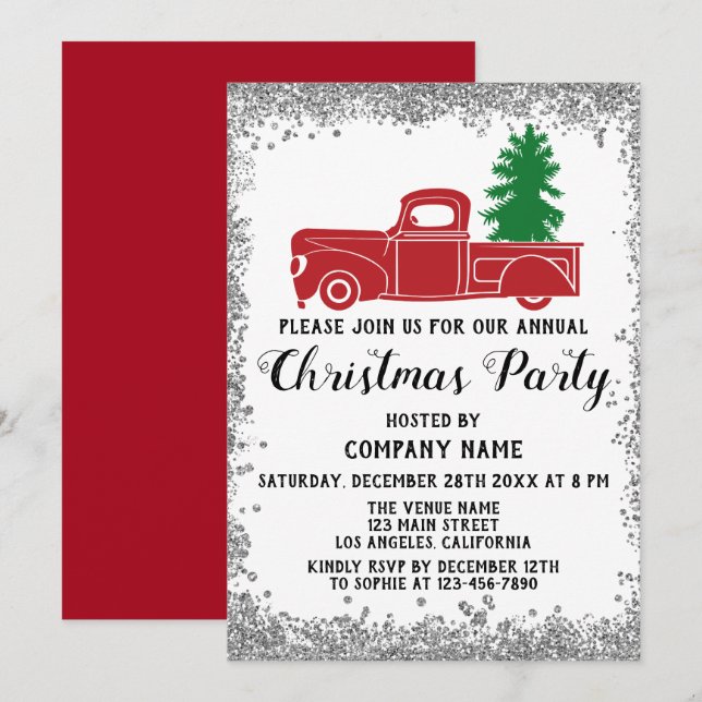 Invitation Red Truck Xmas Tree Company Christmas Party Argent (Devant / Derrière)