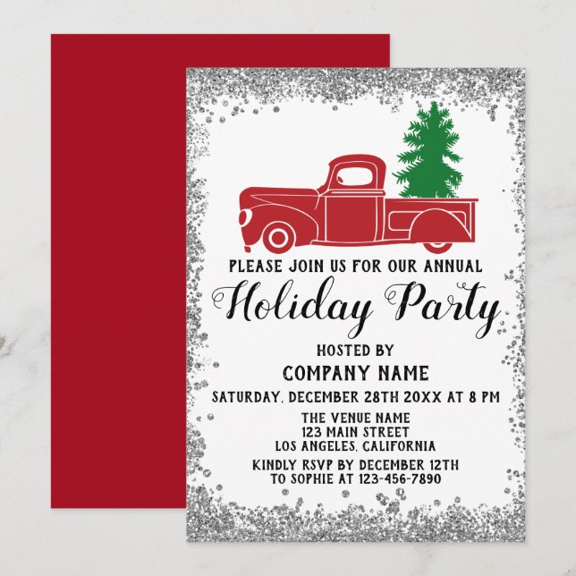 Invitation Red Truck Xmas Tree Company Fête Argent (Devant / Derrière)