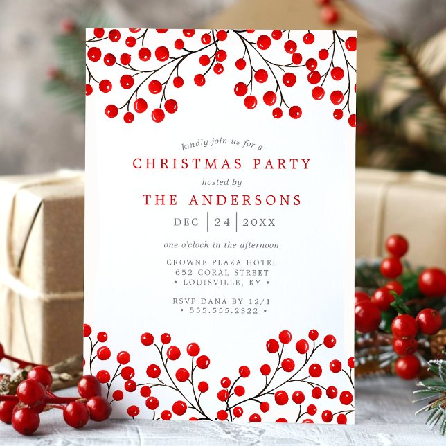 Invitation Red Watercolor Holly Berries fête de Noël (Créateur téléchargé)
