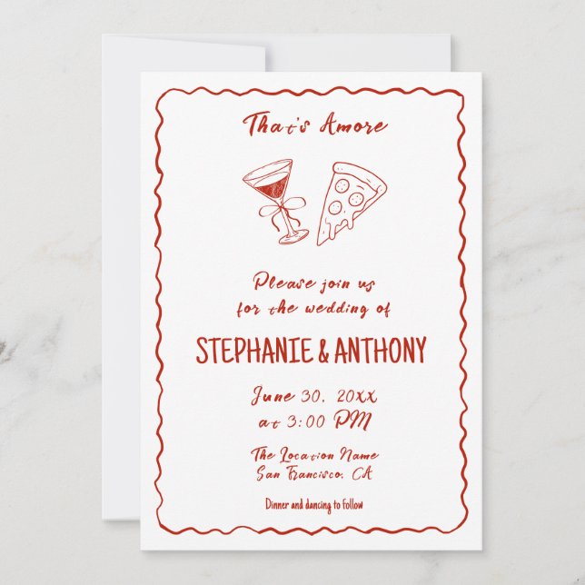 Invitation Red Whimsical Pizza That's Amore Italian Wedding (Devant)