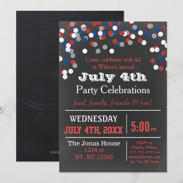 Invitation Red White Blue Confetti 4 juillet (Devant / Derrière)