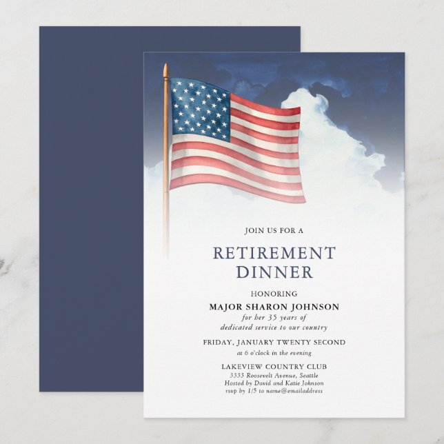 Invitation Red White Blue Military American Flag Retirement (Devant / Derrière)