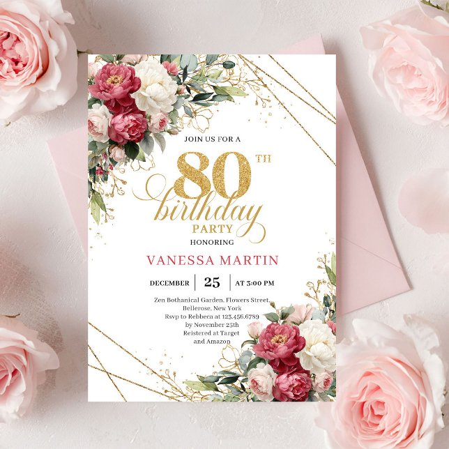 Invitation Red white floral gold accent card 80th birthday  (Red white floral gold accent card 80th birthday invitation

)