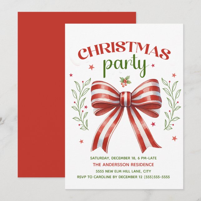 Invitation Red White Green Coquette Bow Christmas Party (Devant / Derrière)