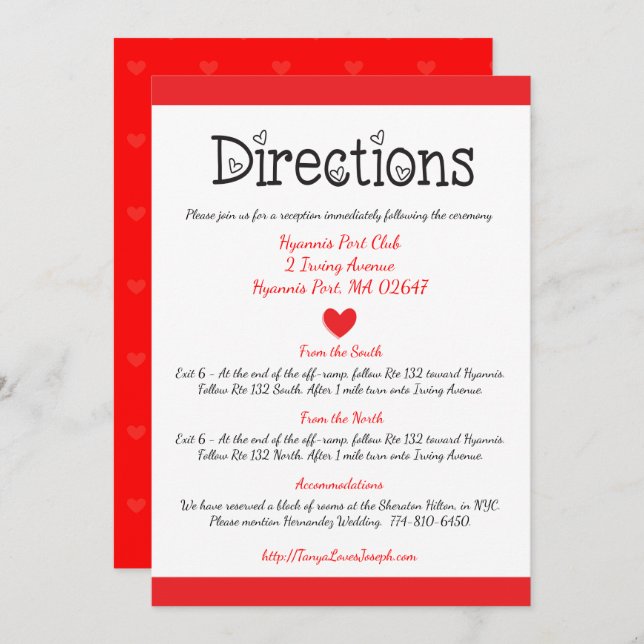 Invitation Red & White Hearts Directions / Détails Mariage (Devant / Derrière)