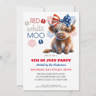 Invitation Red White Moo Patriotic Highland cow 4 juillet