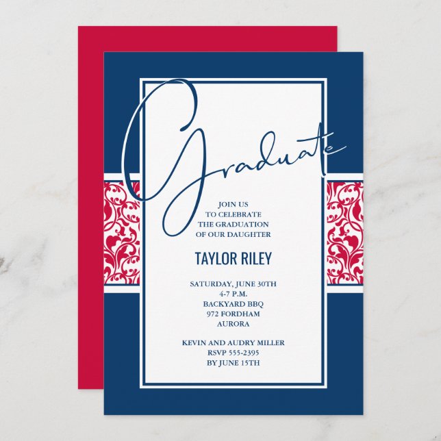 Invitation Red White Navy Damask Graduation (Devant / Derrière)